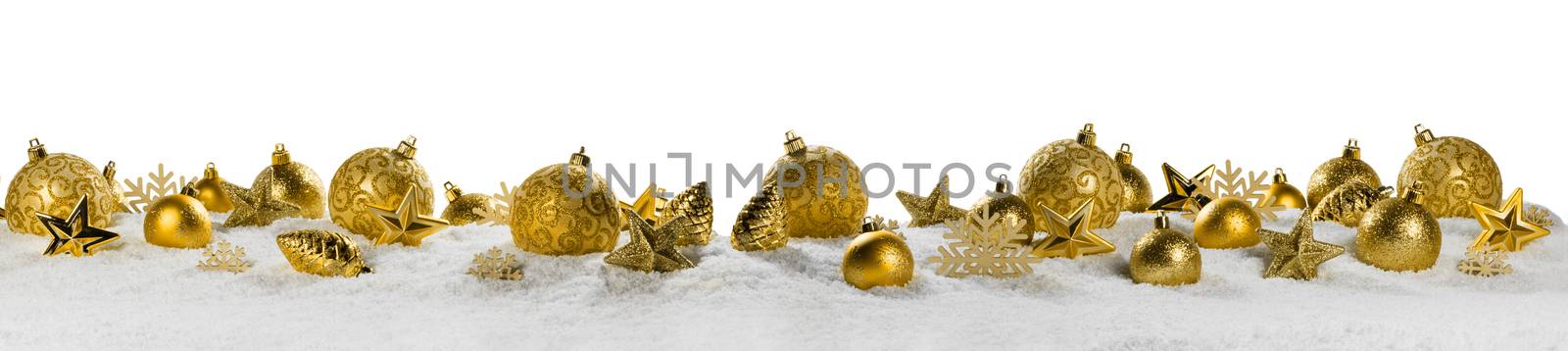 Christmas border with golden ornaments on snow isolated on white background