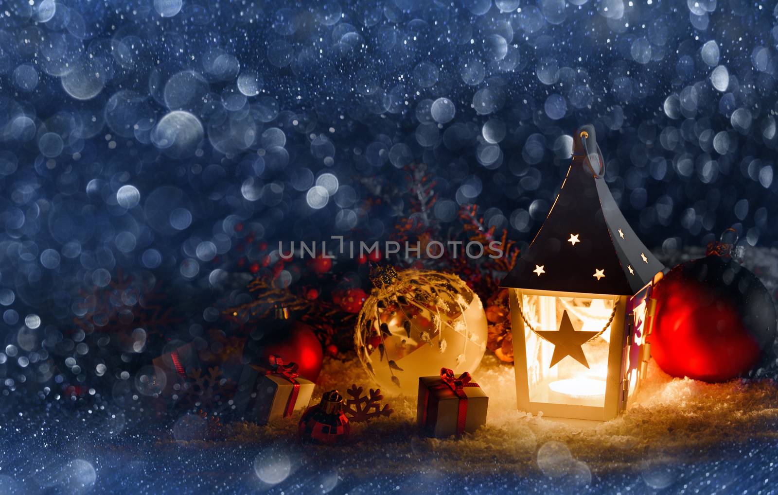 Lantern and christmas decoration on glitter bokeh background