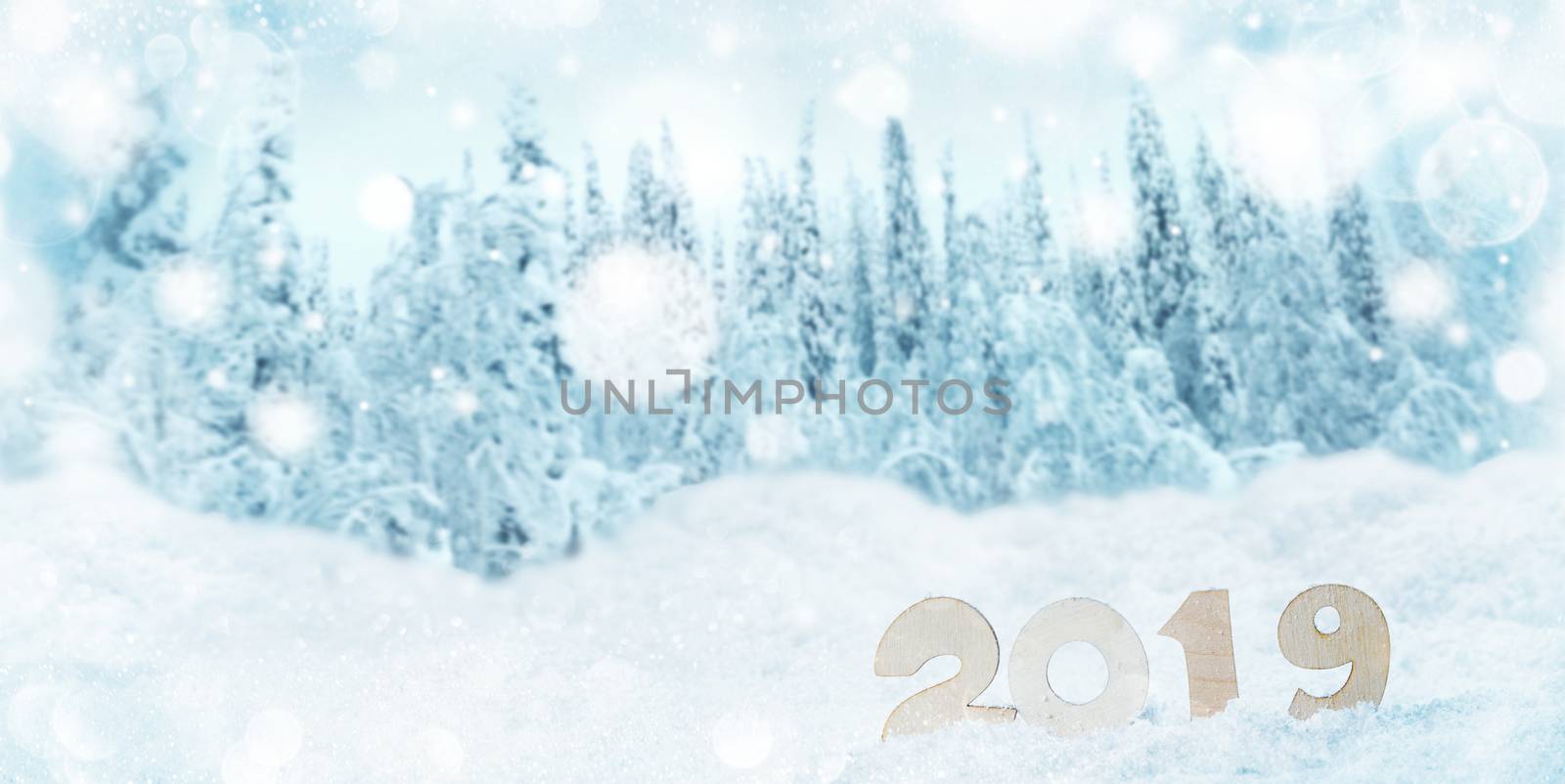 2020 New Year in snow design concept. Wooden 2020 New Year horizontal template with blue and white bokeh background and fir forest