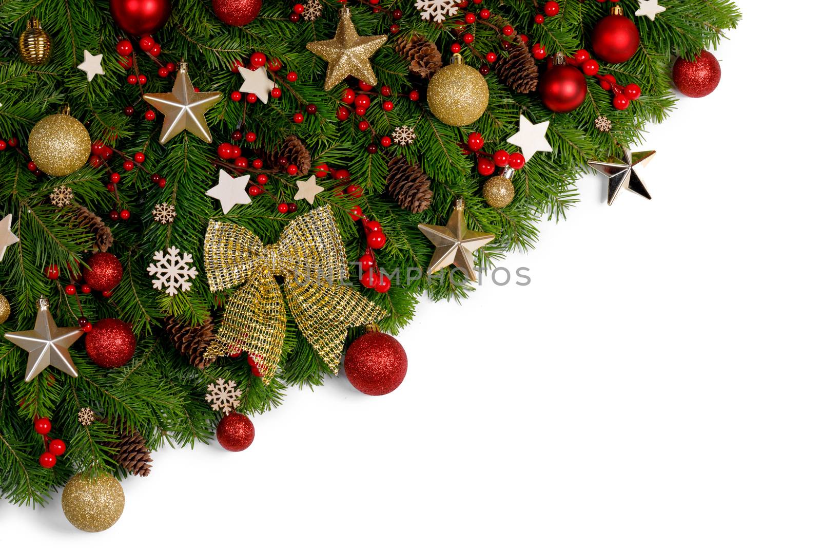 Christmas Border frame of tree branches on white background with copy space isolated, red and golden decor, berries, stars