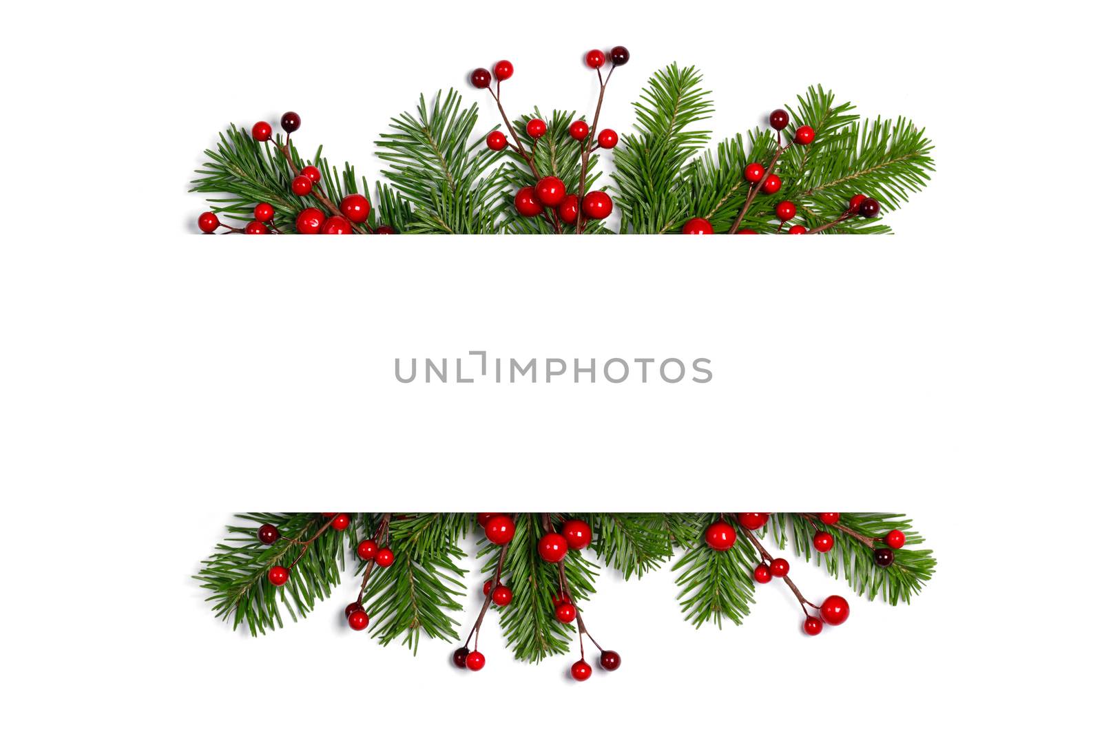 Natural fir Christmas tree border frame isolated on white , copy space for text