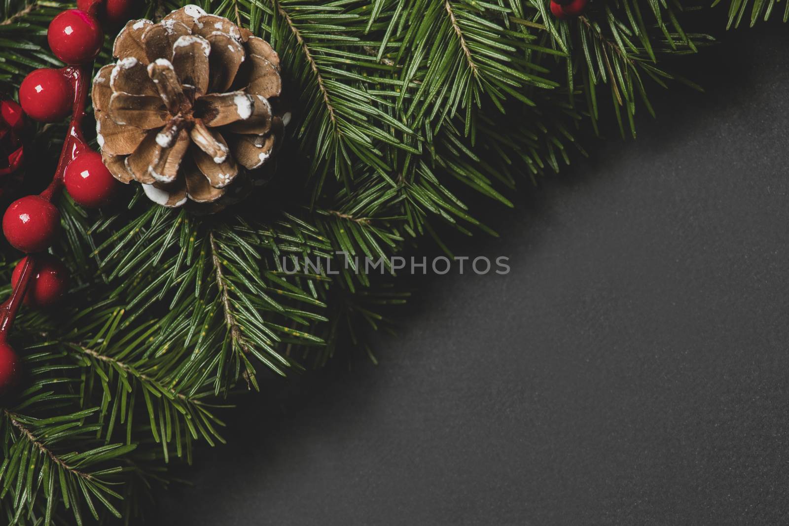 Pine Christmas tree branches cone and red berries on black paper background flat lay top view mock-up