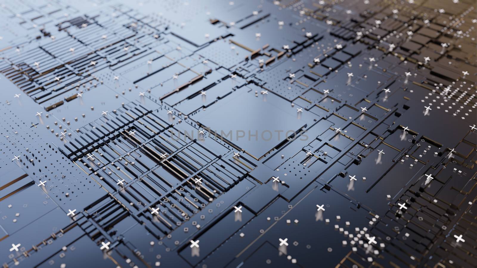 Abstract Central Computer Processors Concept. 3D illustration. Conceptual CPU on circuit board - PCB