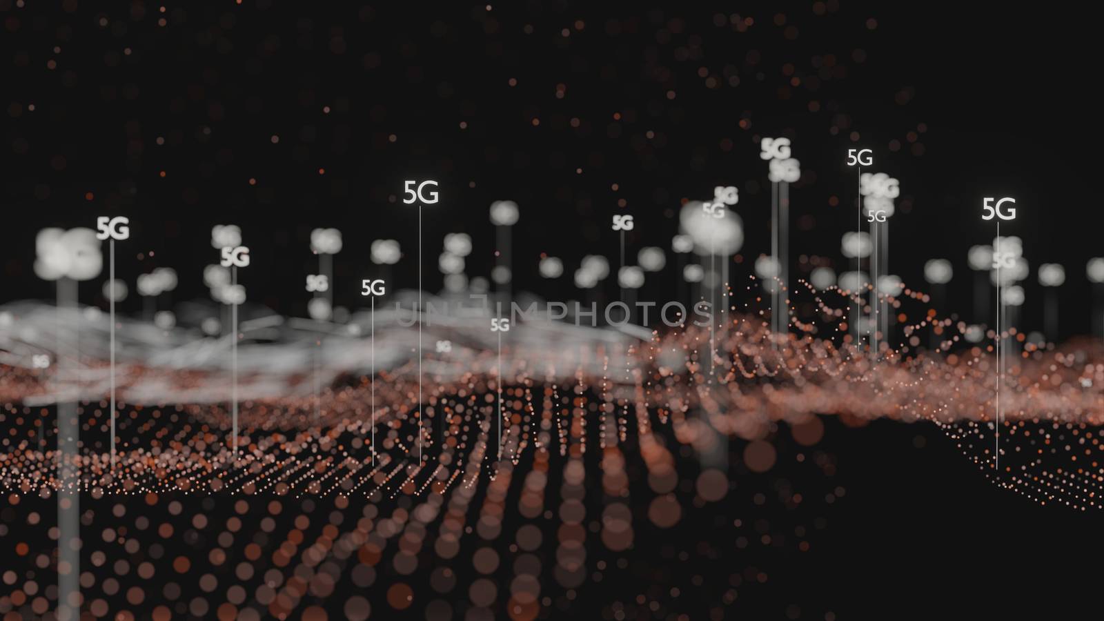 Abstract 3D illustration represent 5G mobile technology. Dark background, plexus, dof effect