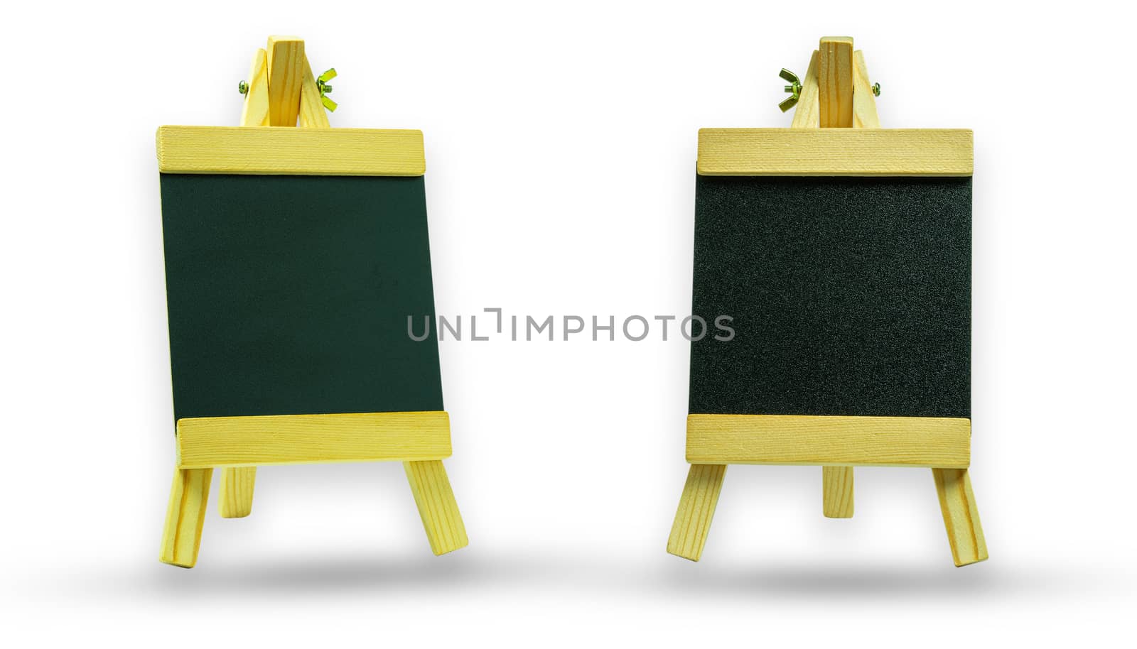 Blank chalkboard in wooden frame and easel. Isolate and clipping path on white background.
