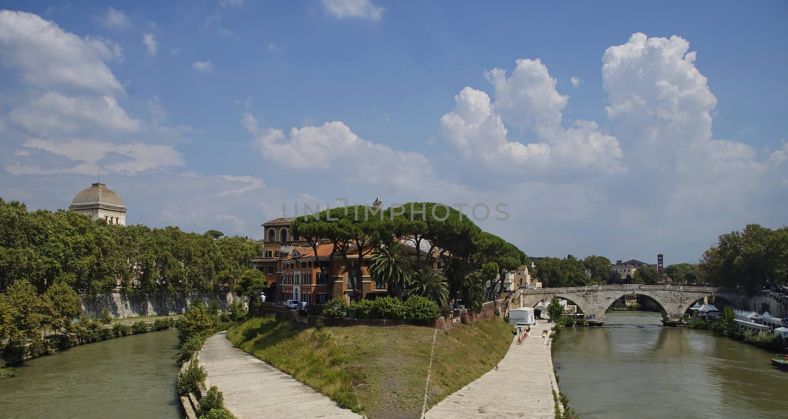 Photo of Fate Bene Fratelli Hospital, Pons Cestius and river Tiber, view from Ponte Garibaldi bridge, Rome, Italy