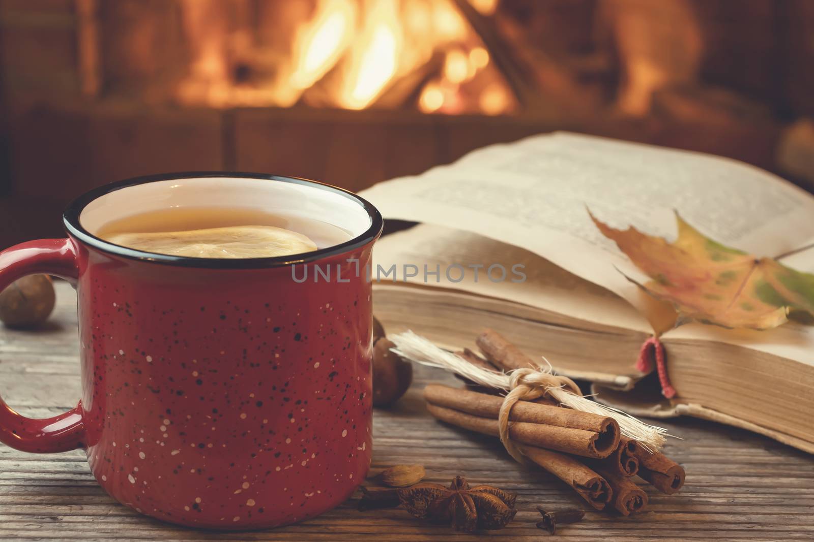 Red mug with hot tea and an open book in front of a burning fireplace, comfort, relaxation and warmth of the hearth concept by galsand