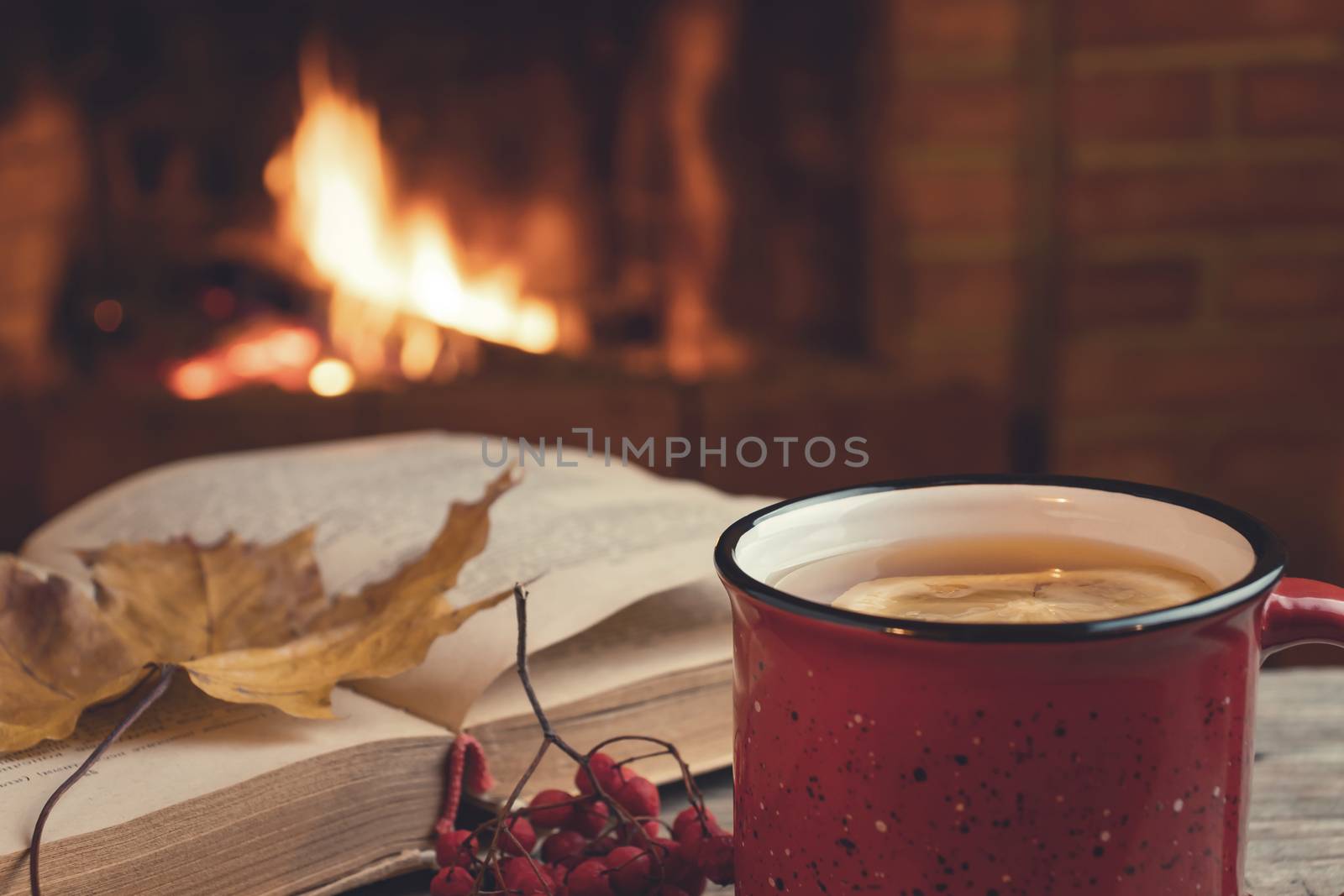 Red mug with hot tea and an open book in front of a burning fireplace, comfort, relaxation and warmth of the hearth concept by galsand