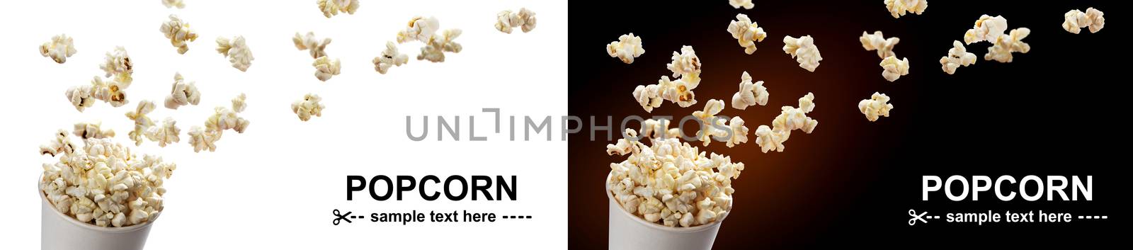 Popcorn flying out of cardboard box. Isolated on white and black backgrounds with copy space