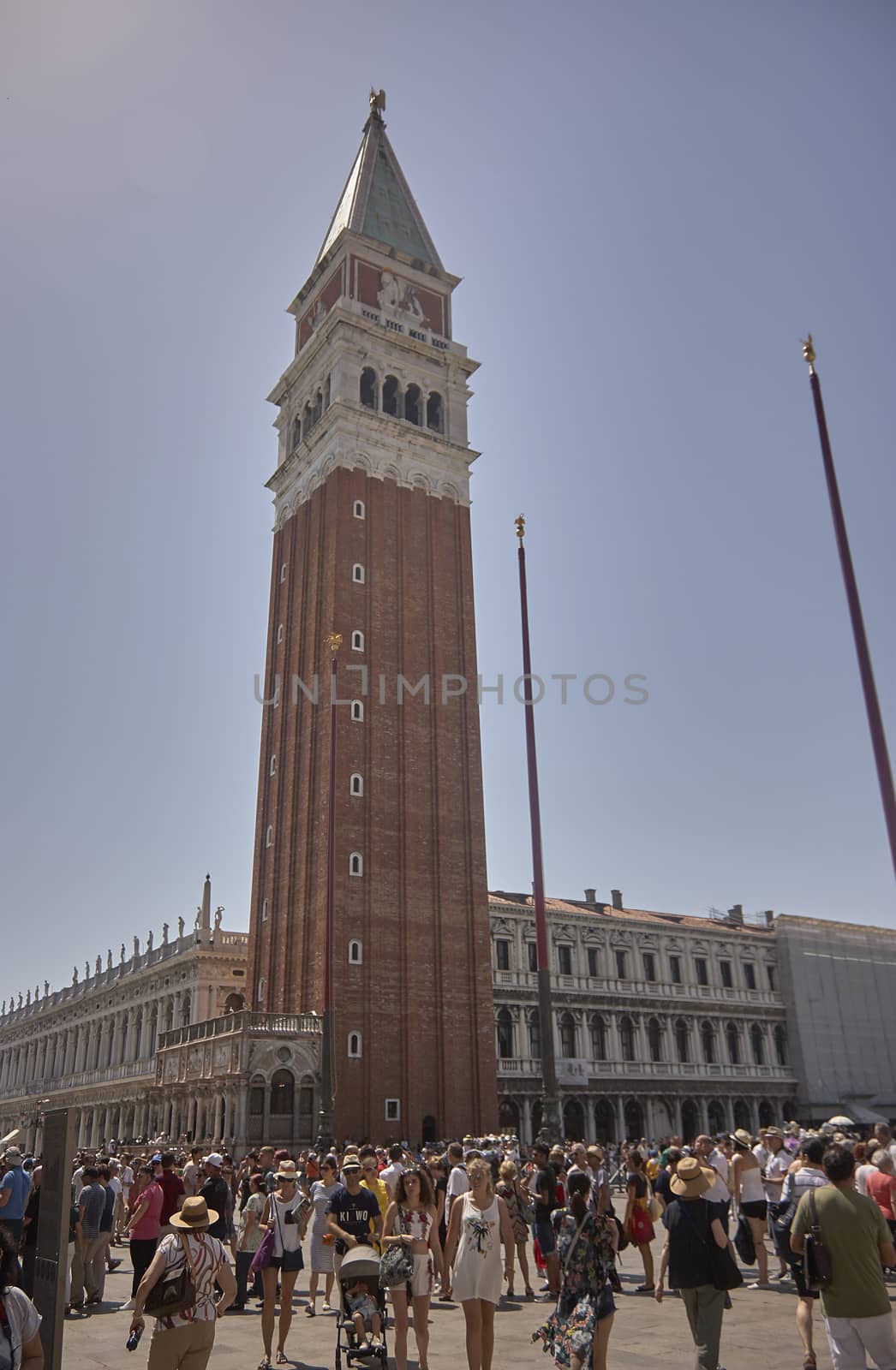 Full view of the bell tower of Saint Mark's Basilica in Venice.