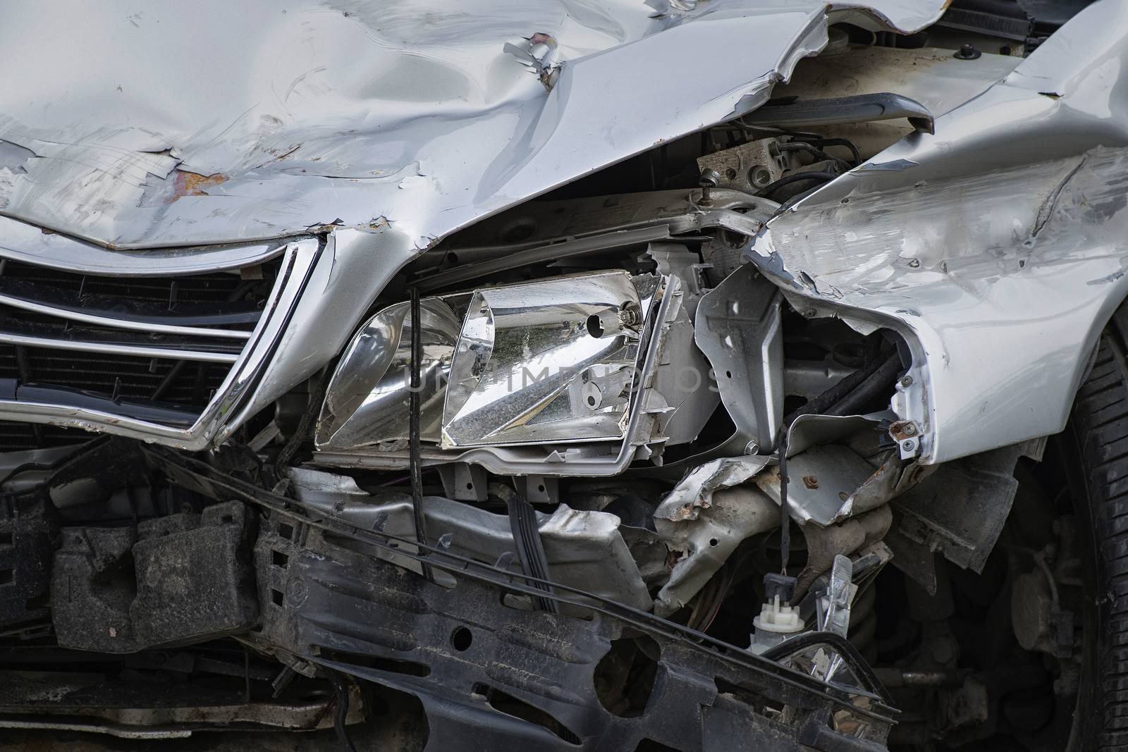 Front end of a vehicle after a car accident