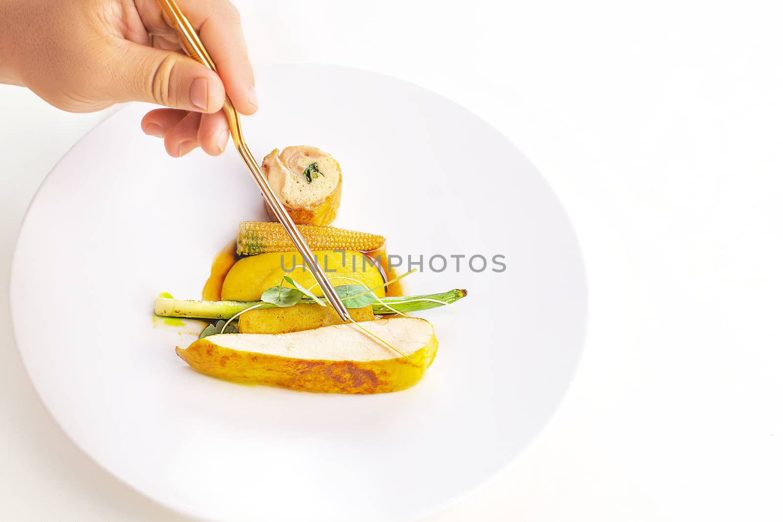 Chicken fillet cooked and served on a white plate