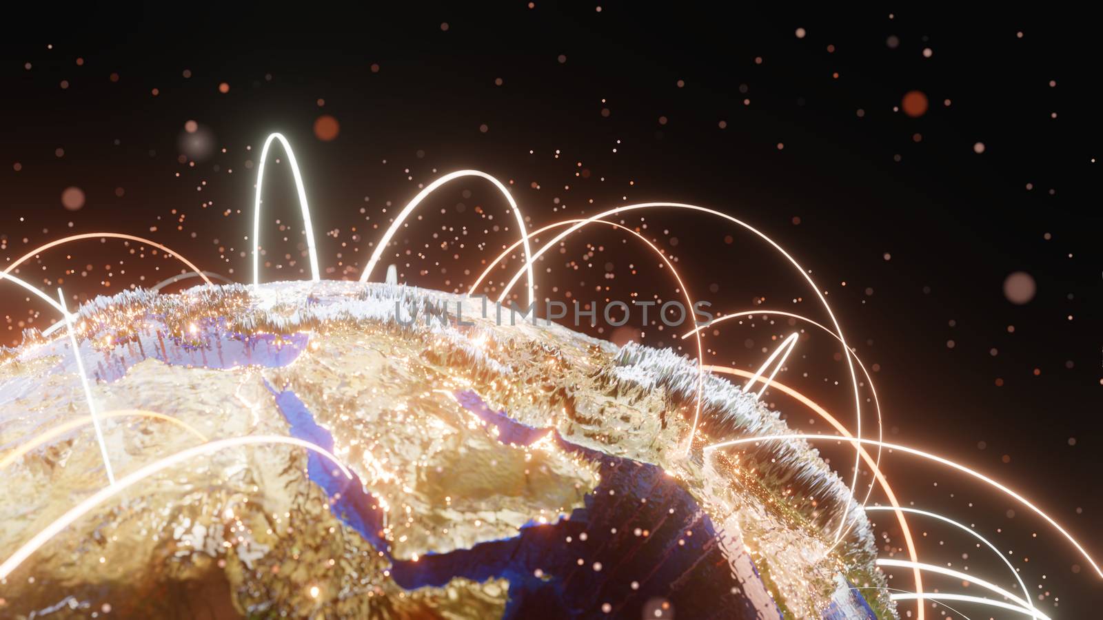 Connection curves and dots around Earth globe, Futuristic technology background. 3D illustration. Elements of this image furnished by NASA