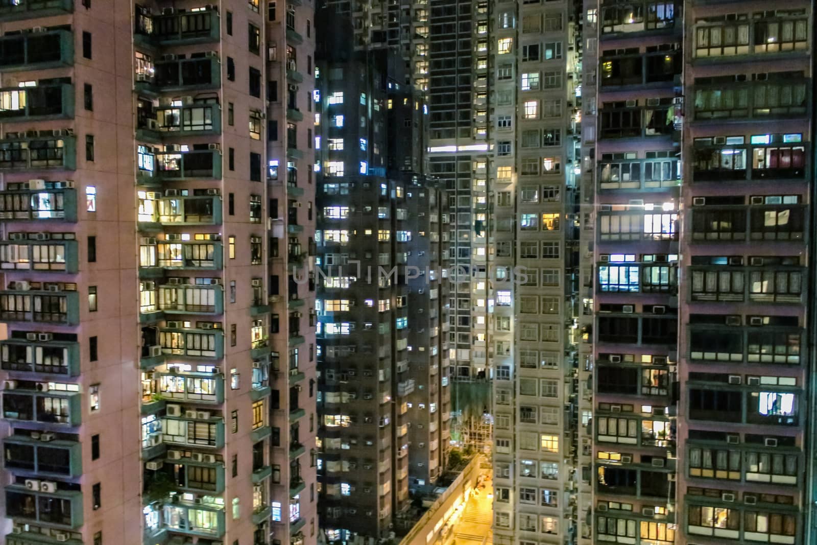 The skyscrapers of Hong Kong close up at night