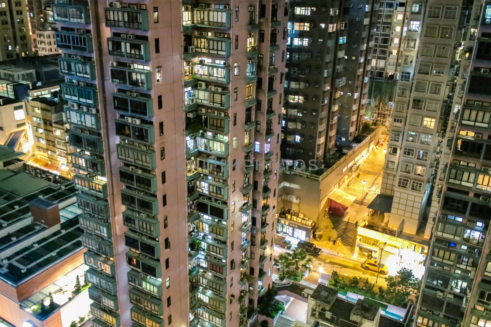 The skyscrapers of Hong Kong close up at night