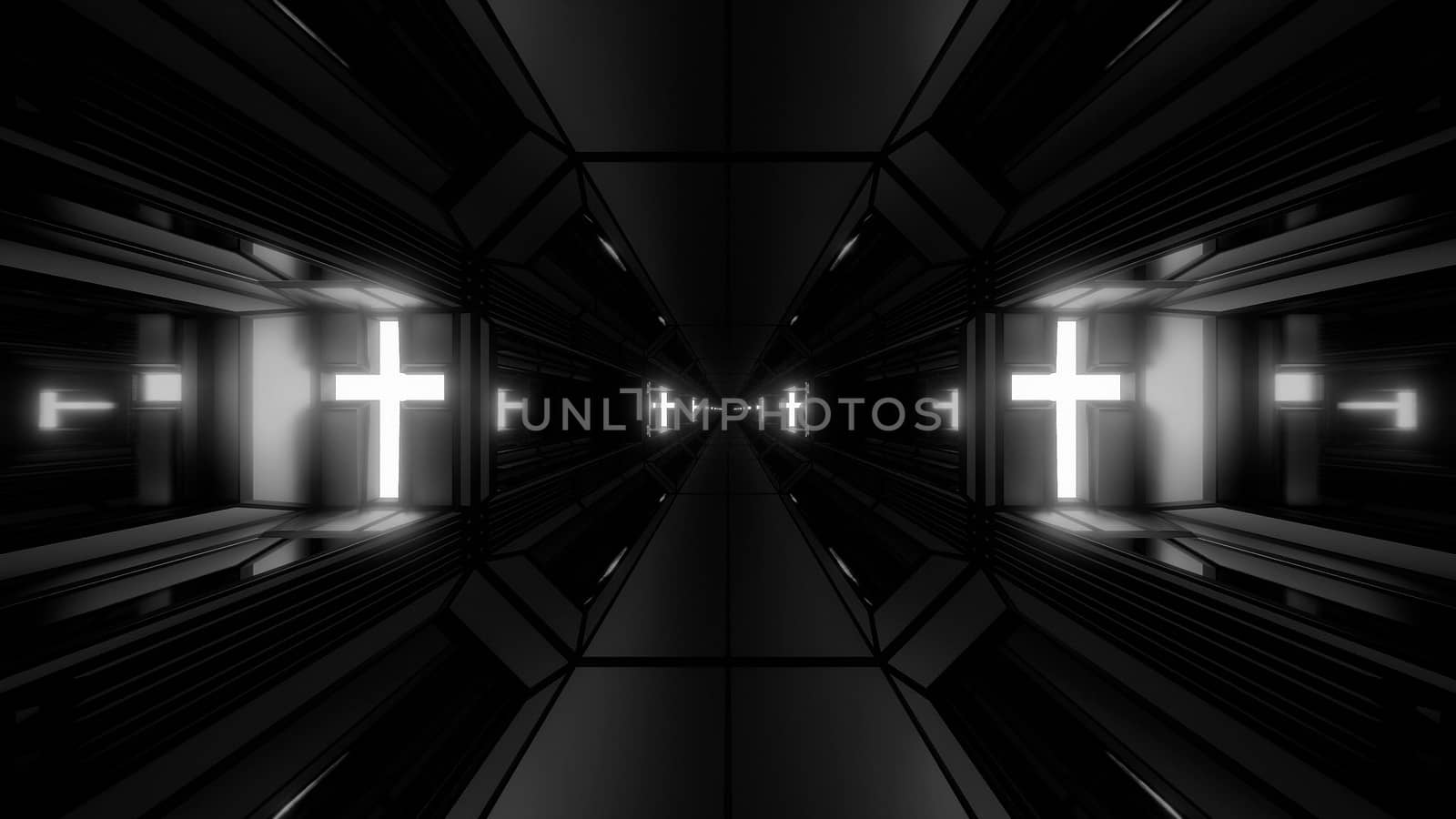 clean futuristic scifi fantasy space hangar tunnel corridor with holy christian glowing cross 3d illustration wallpaper background, future sci-fi building room with religion christus symbol 3d rendering design