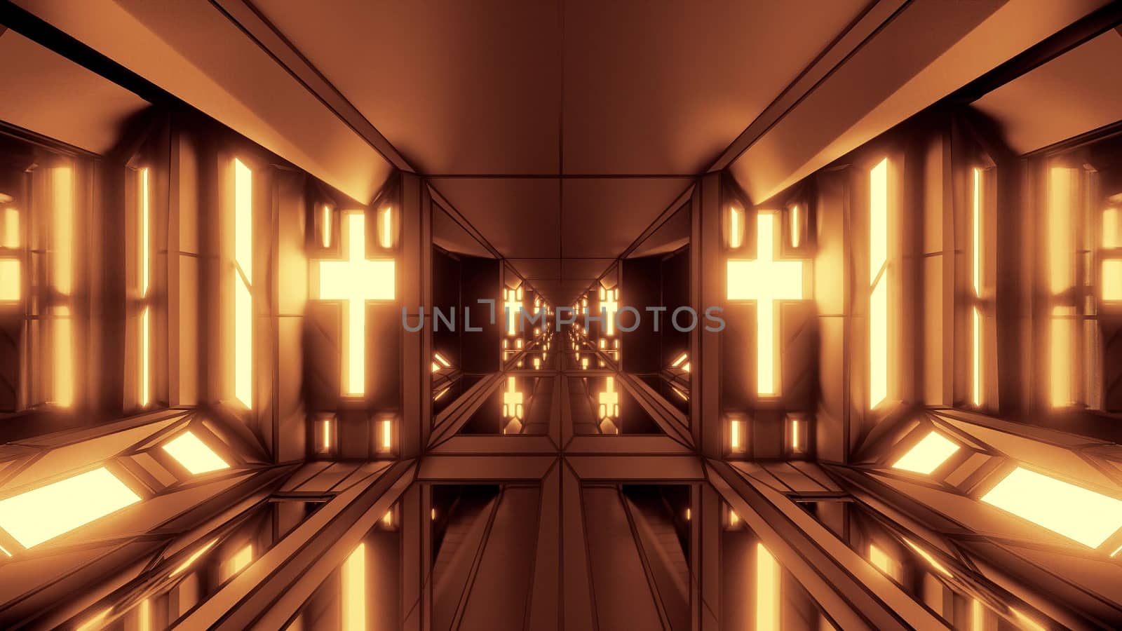 clean futuristic scifi fantasy space hangar tunnel corridor with holy christian glowing cross and glass bottom 3d illustration wallpaper background, future sci-fi building room with religion christus symbol 3d rendering design