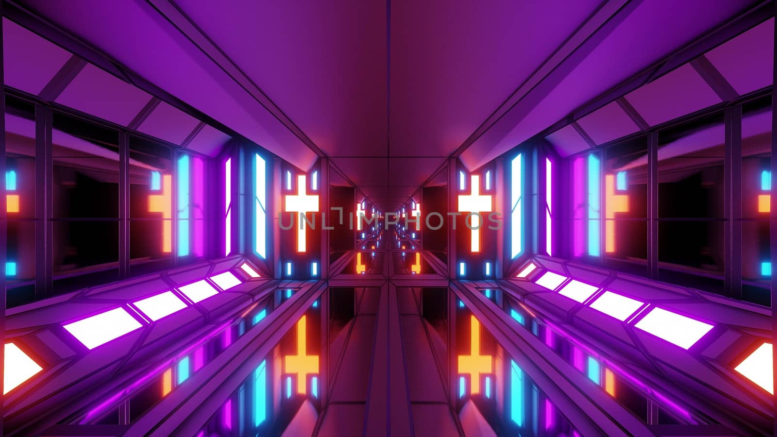 clean futuristic scifi fantasy space hangar tunnel corridor with holy christian glowing cross and glass bottom 3d illustration wallpaper background, future sci-fi building room with religion christus symbol 3d rendering design