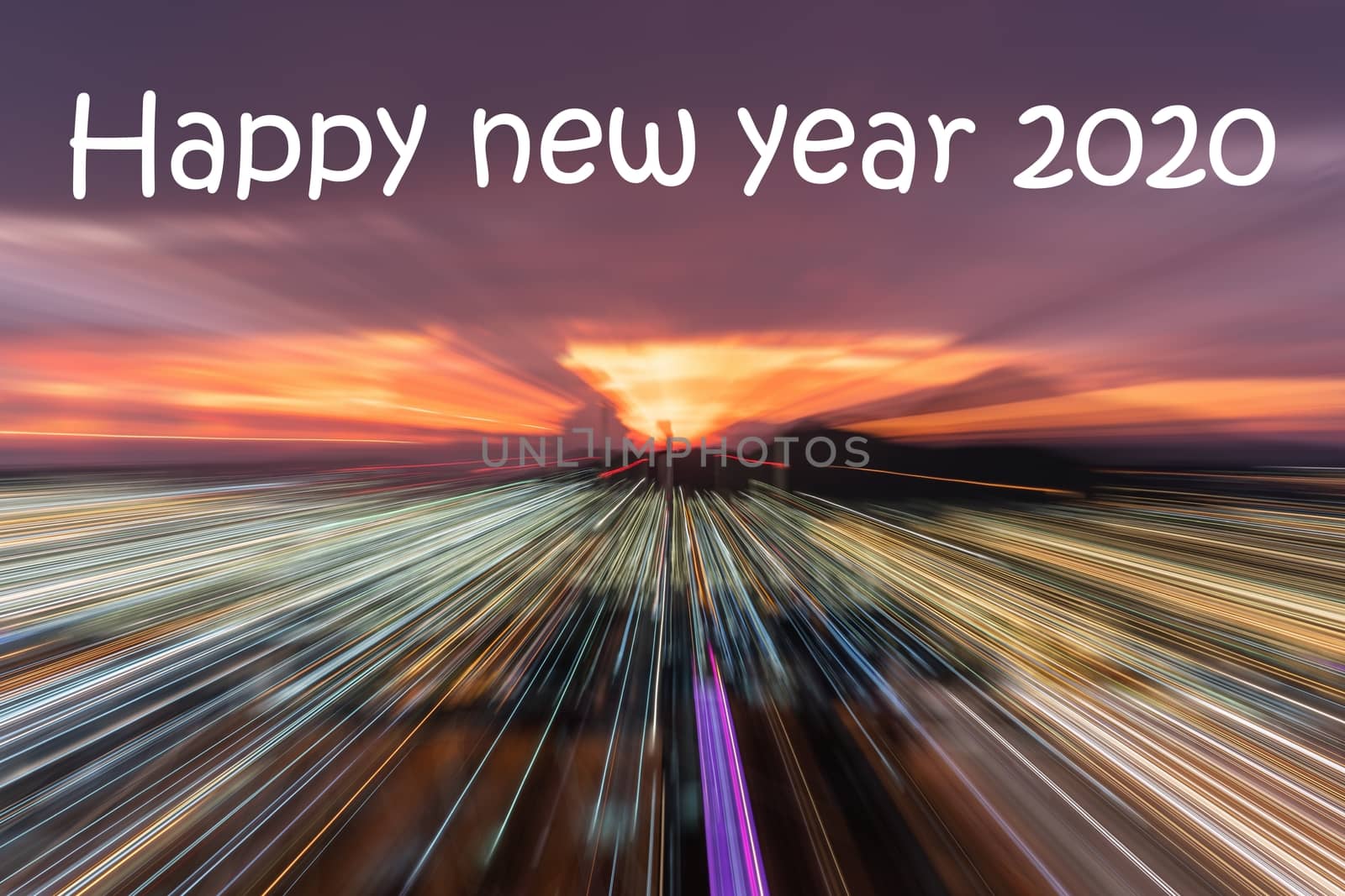The Happy new year 2020 text on Smooth Running focus to coastal city on colorful cloudy sky background in twilight time