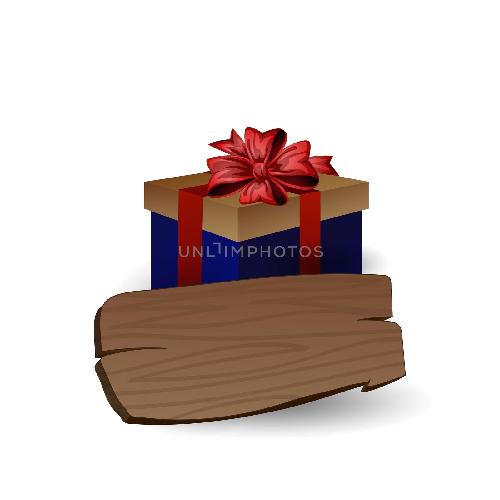 Holiday blue gift box with bow and wooden board for inscriptions. Christmas composition for wishes. A Christmas gift. Christmas clip art isolated on a white background. Vector illustration of eps 10.