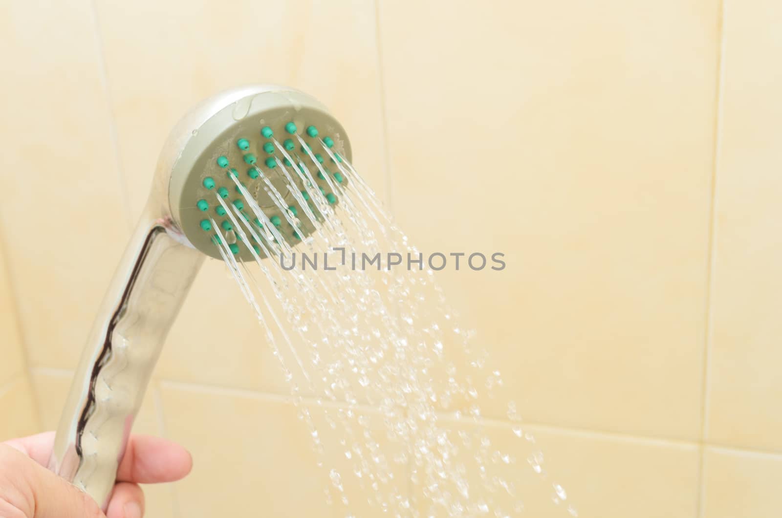Close up of man holding shower head in the bathroom cabin.A stream of water pours from the shower