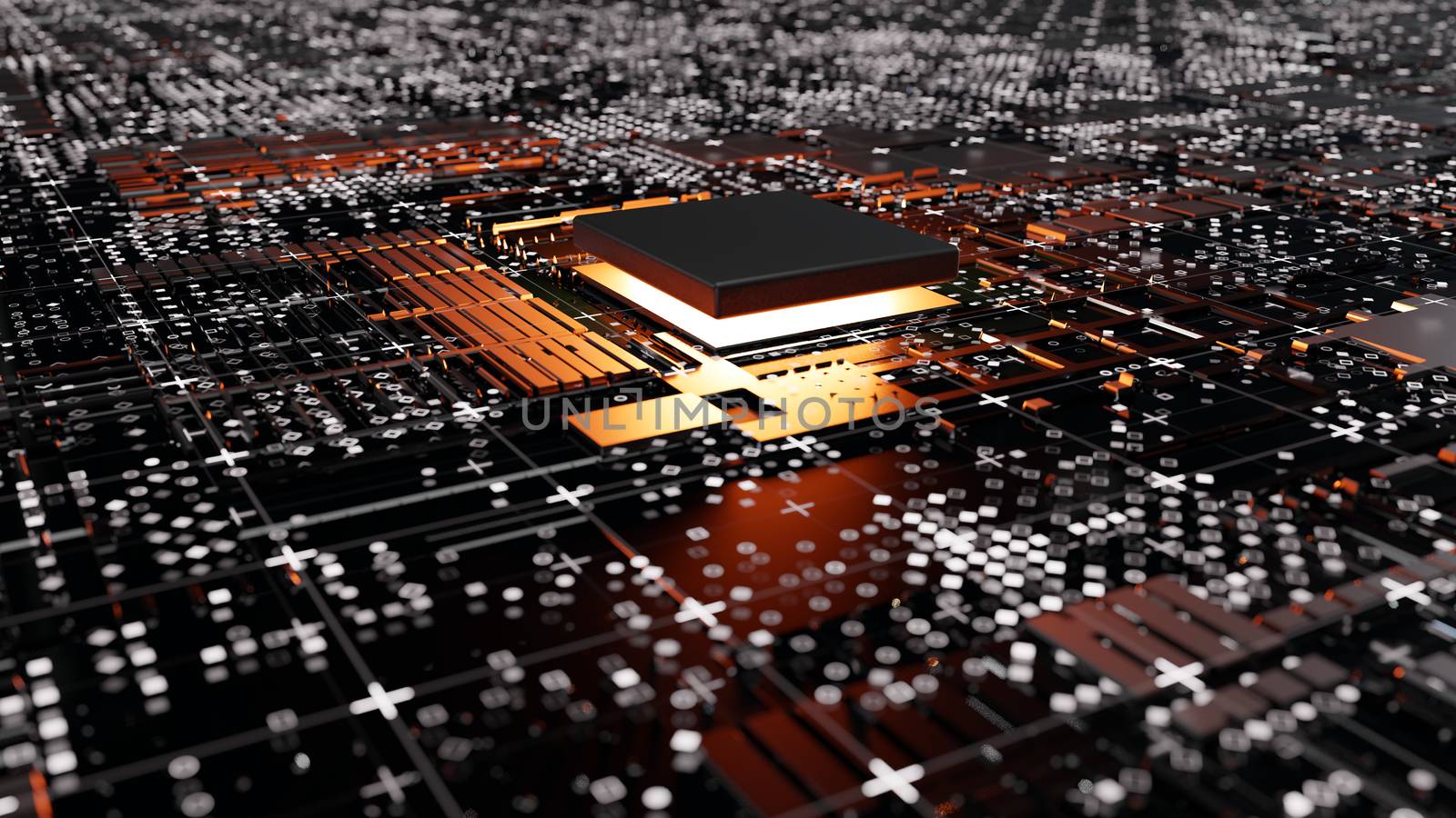 Abstract Central Computer Processors Concept. 3D illustration. Conceptual CPU on circuit board - PCB