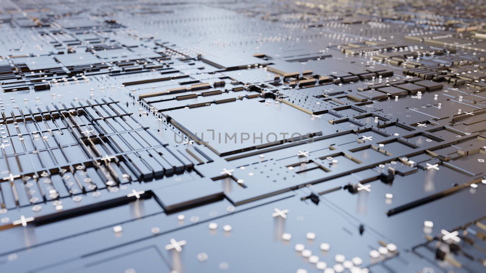 Abstract Central Computer Processors Concept. 3D illustration. Conceptual CPU on circuit board - PCB