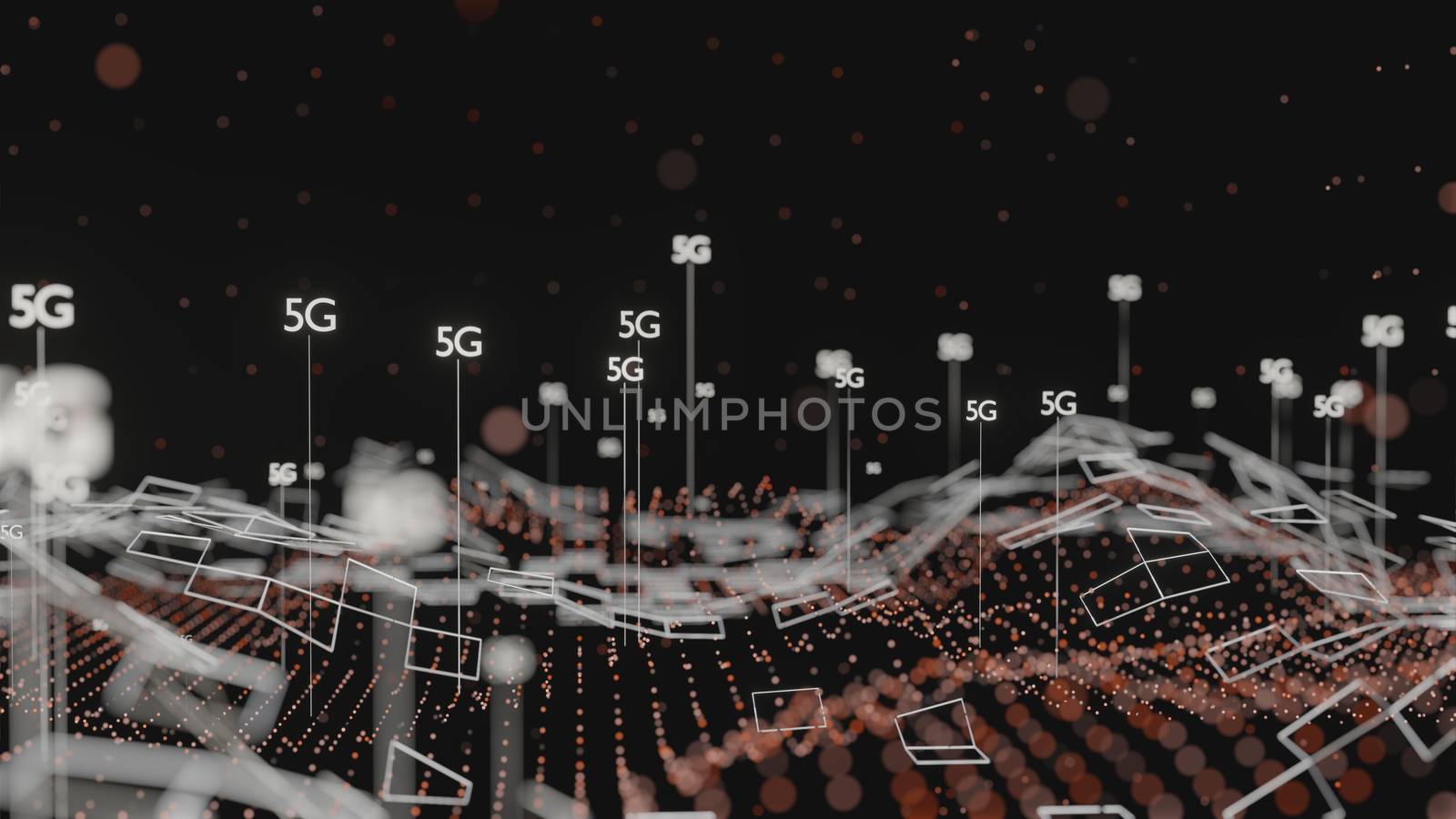 Abstract 3D illustration represent 5G mobile technology. Dark background, plexus, dof effect