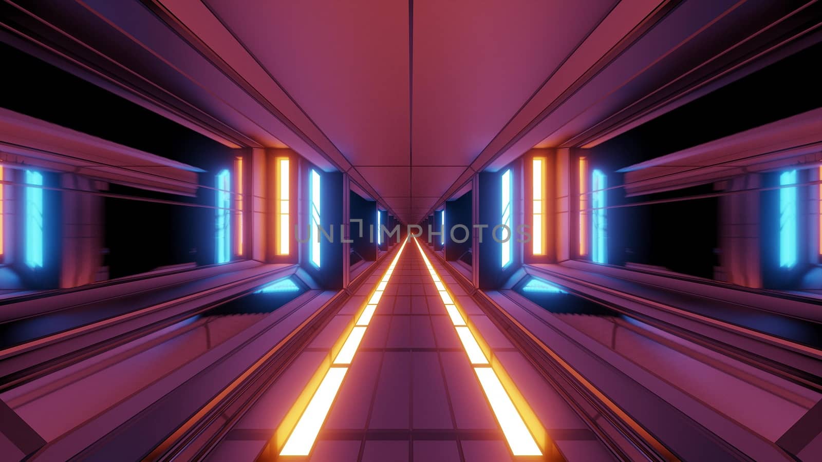 futuristic scifi fantasy space hangar tunnel corridor with hot metal 3d illustration wallpaper background, future sci-fi building room with glass windows rendering design