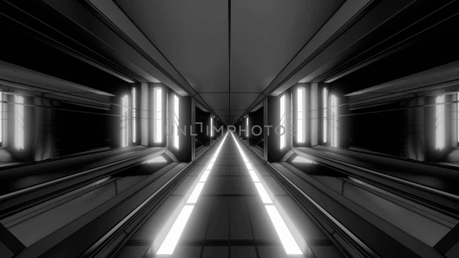 futuristic scifi fantasy space hangar tunnel corridor with hot metal 3d illustration wallpaper background, future sci-fi building room with glass windows rendering design