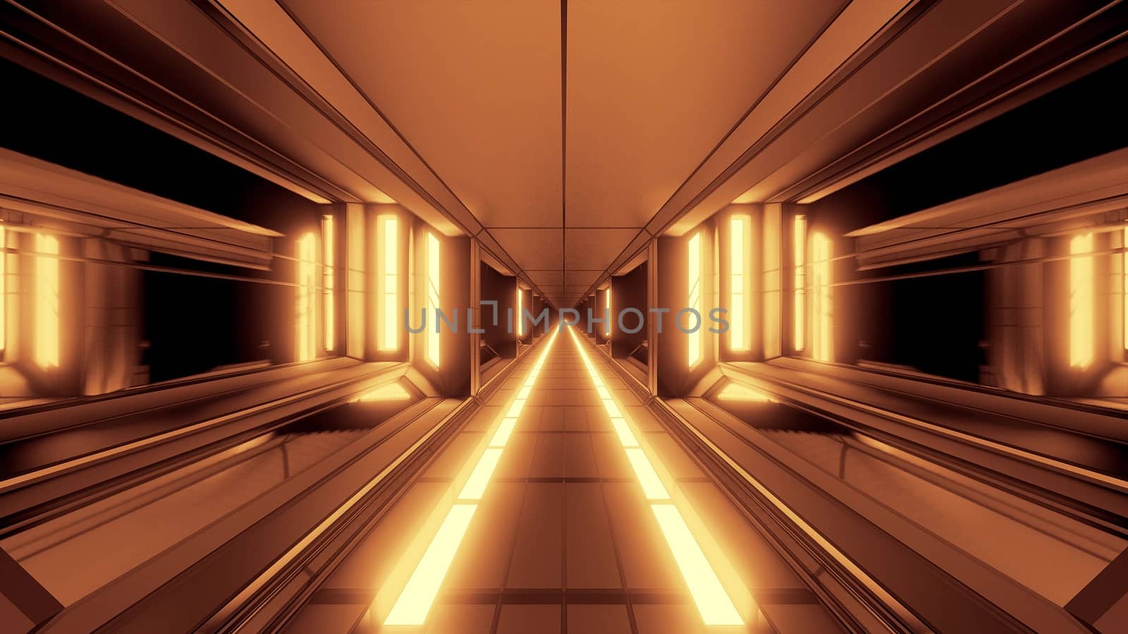 futuristic scifi fantasy space hangar tunnel corridor with hot metal 3d illustration wallpaper background, future sci-fi building room with glass windows rendering design