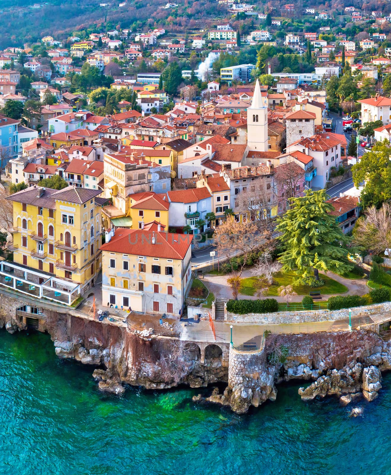 Town of Lovran and Lungomare sea walkway aerial panoramic view, Kvarner bay of Croatia