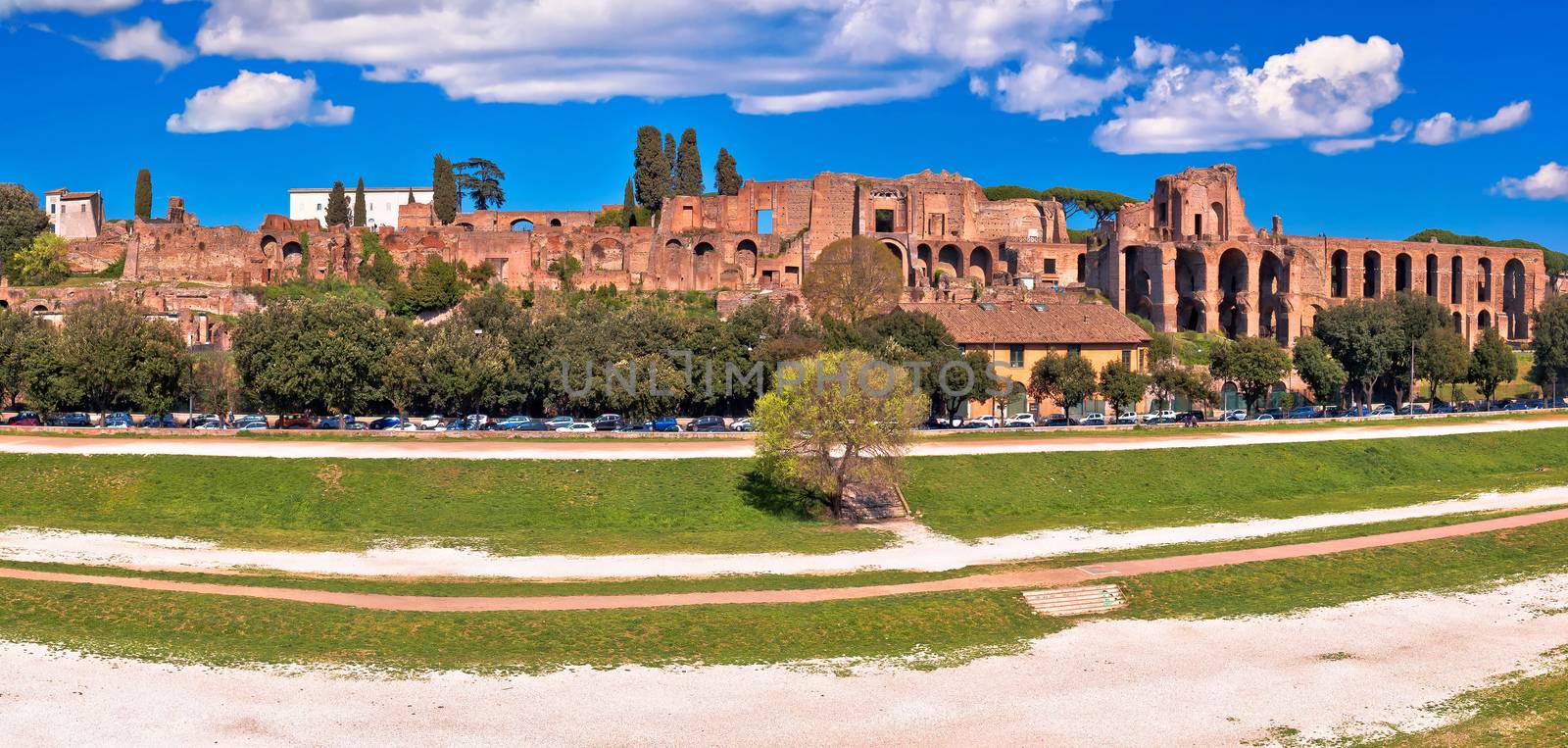 The Circus Maximus and ancient Rome landmarks panoramic view, Eternal city, Italy