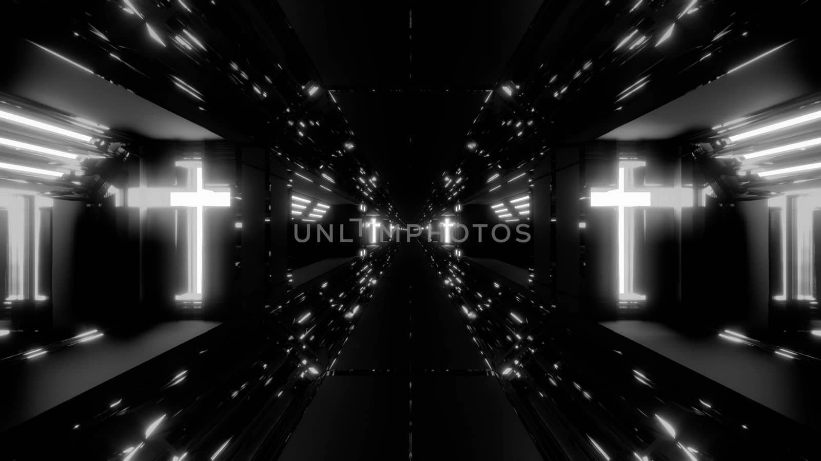 futuristic scifi fantasy tunnel with holy christian glowing cross 3d illustration wallpaper background, future sci-fi building room with religion christus symbol 3d rendering design