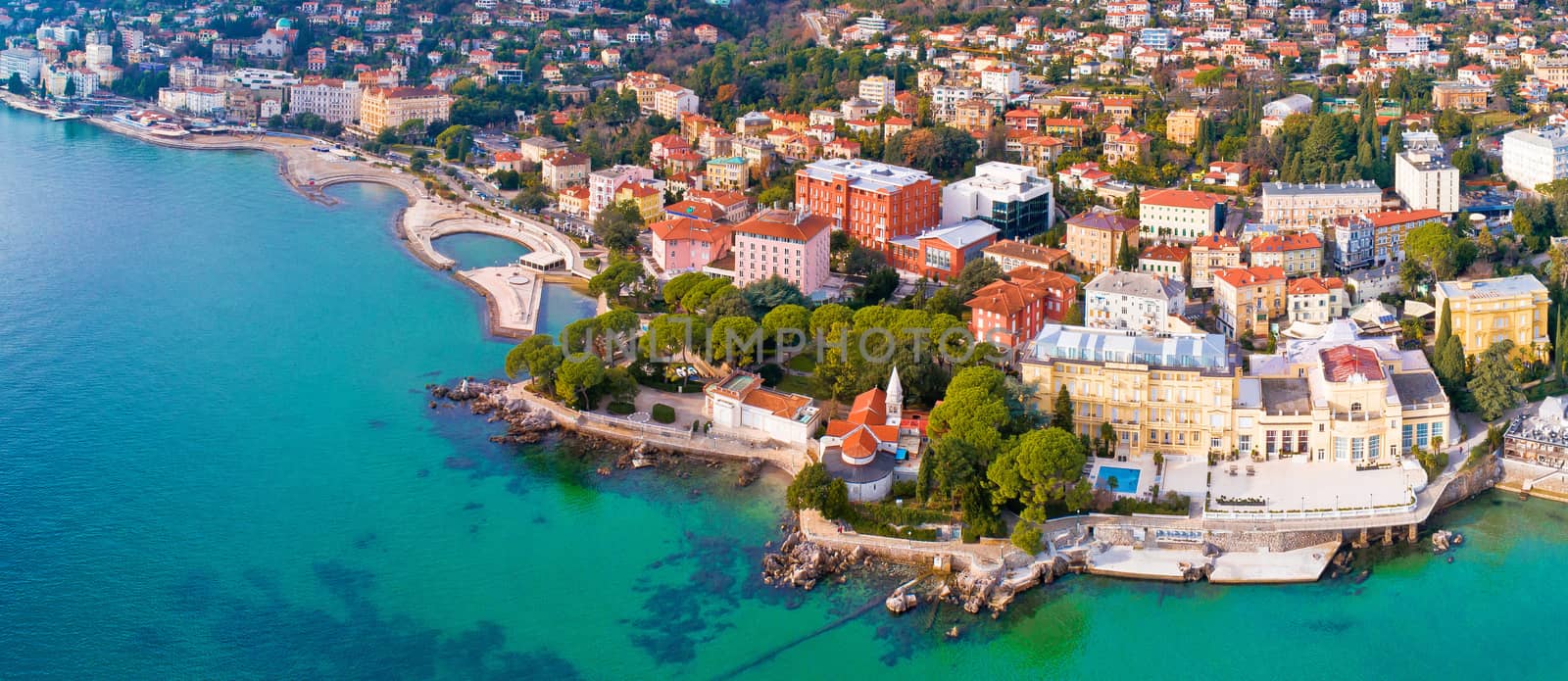 Town of Opatija and Lungomare sea walkway aerial panoramic view by xbrchx