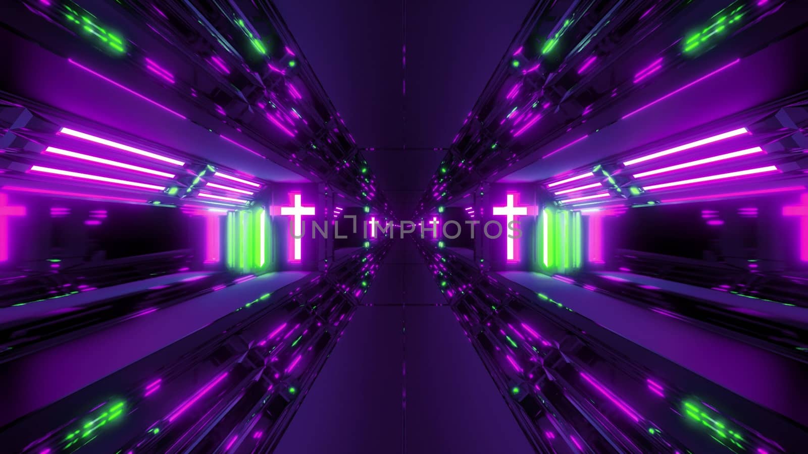 futuristic scifi fantasy tunnel with holy christian glowing cross 3d illustration wallpaper background, future sci-fi building room with religion christus symbol 3d rendering design