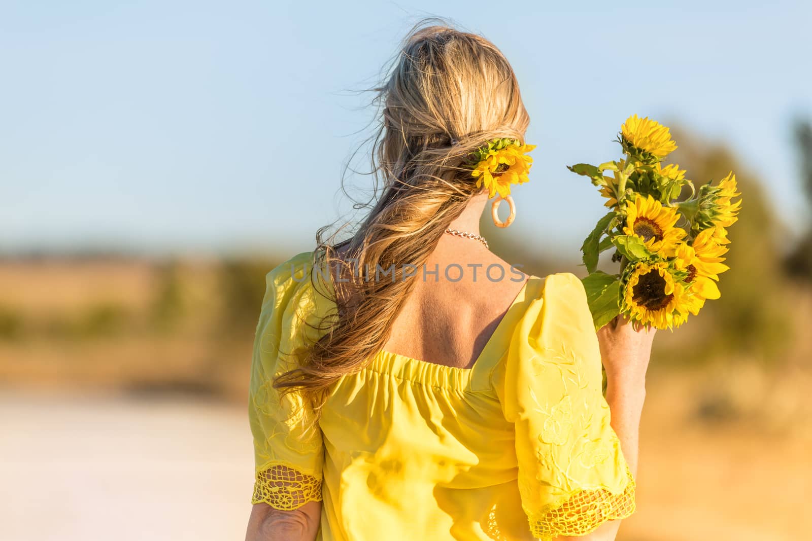 Female in a rural setting holds a bunch of sunflowers.  She has windblown hair with a sunflower adorned