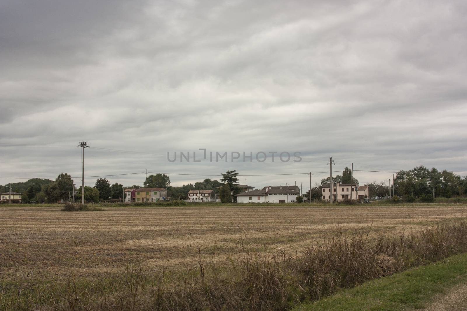 Rural landscape of Gavello (Rovigo), Italy, with some houses characteristic of these areas and the surrounding countryside.