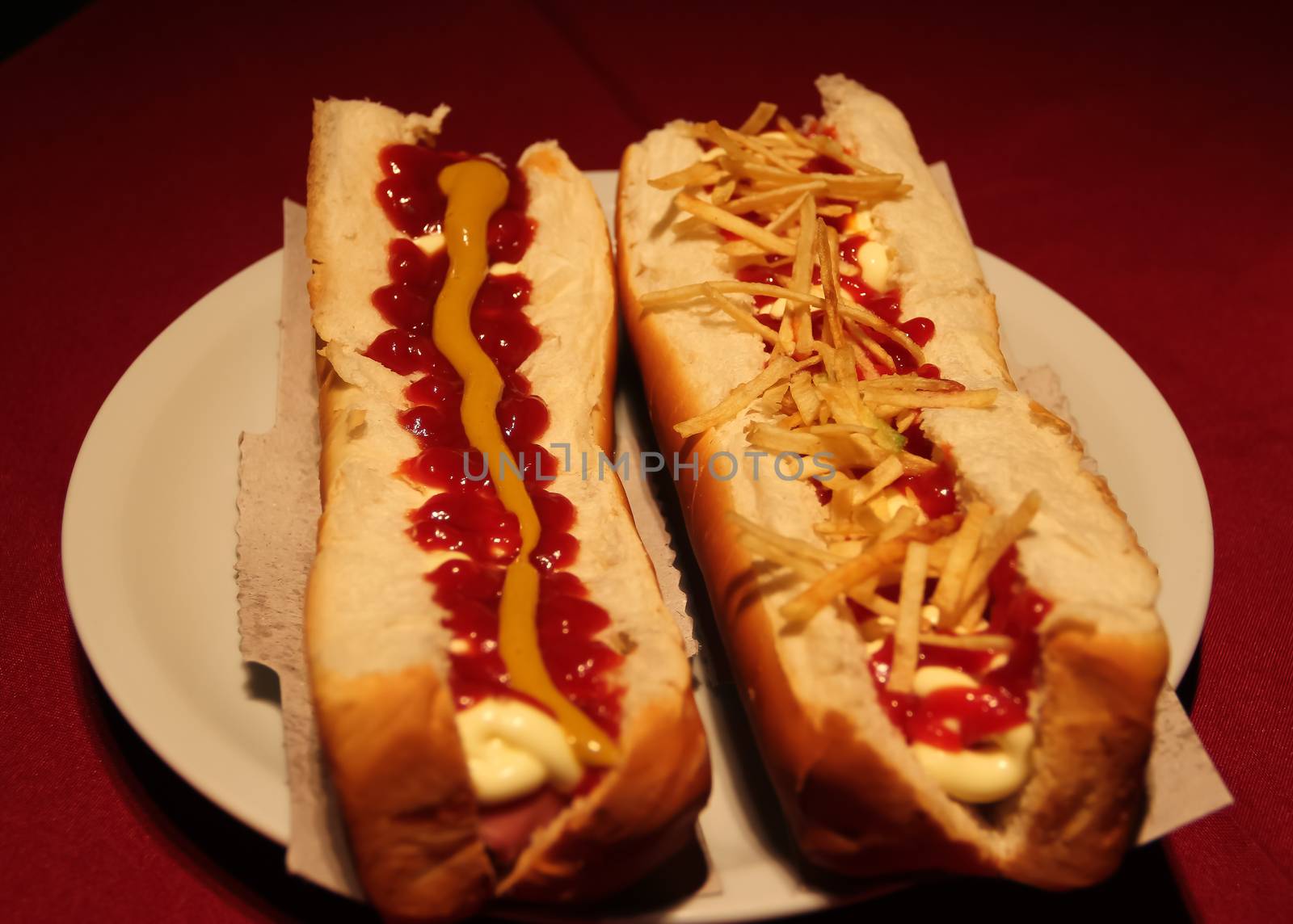 big hot dog with sauces and french fries by GabrielaBertolini