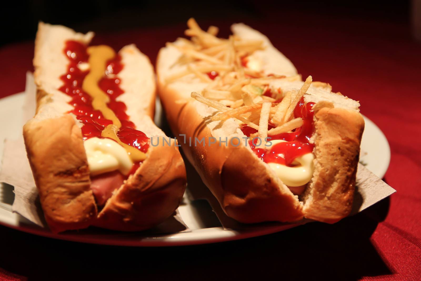 big hot dog with sauces and french fries