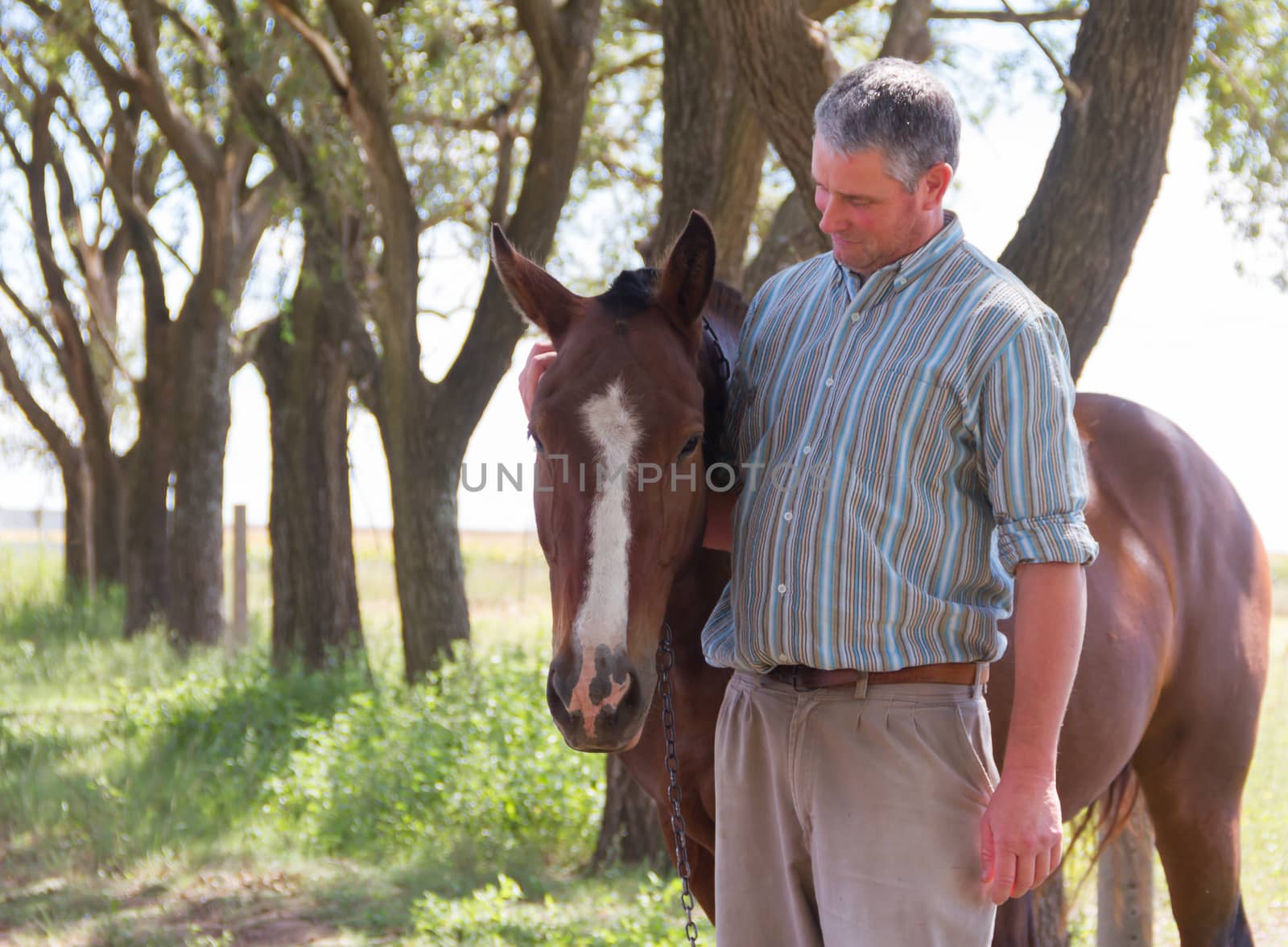 Smiling man with his horse in the Argentine countryside by GabrielaBertolini