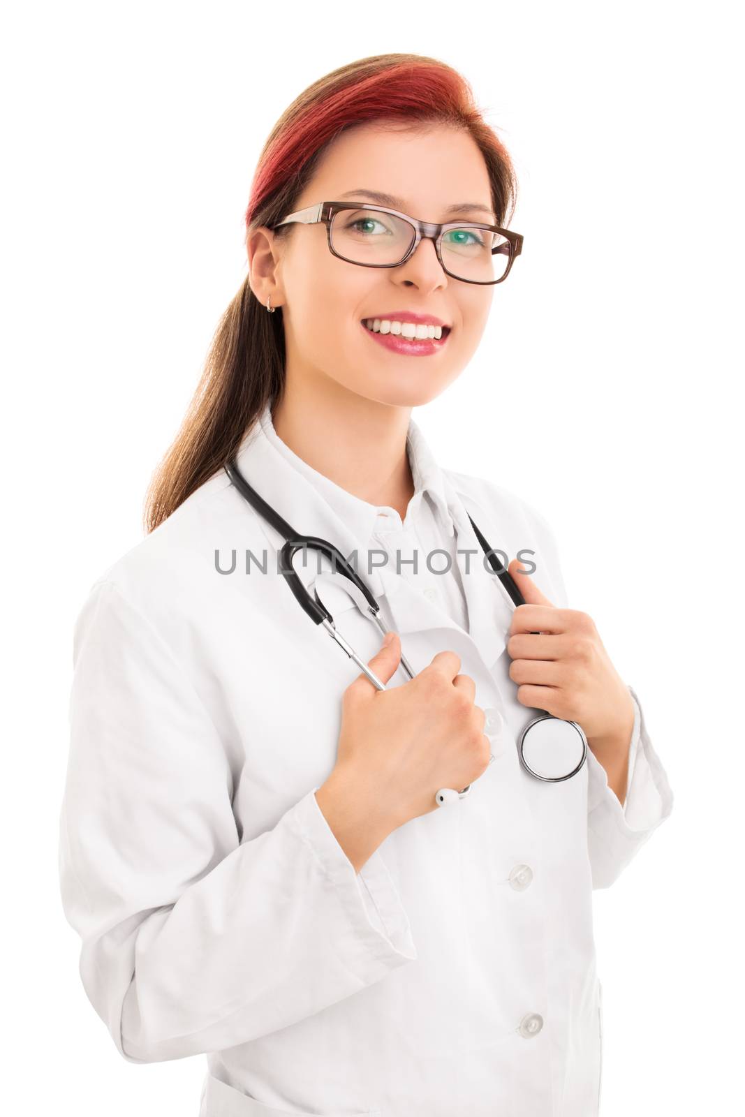 Portrait of a female doctor holding a stethoscope by Mendelex