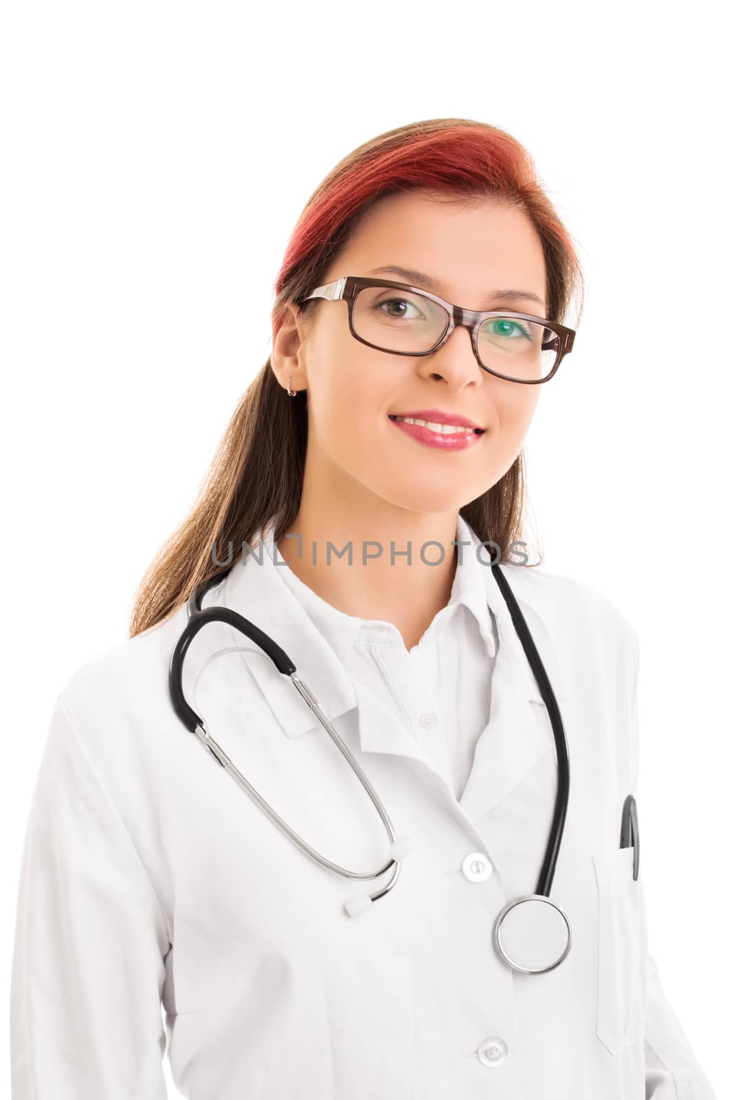 Close up of a beautiful young female health care professional or doctor or nurse with glasses, and stethoscope around her neck, isolated on white background. Confident and smiling doctor face for you.