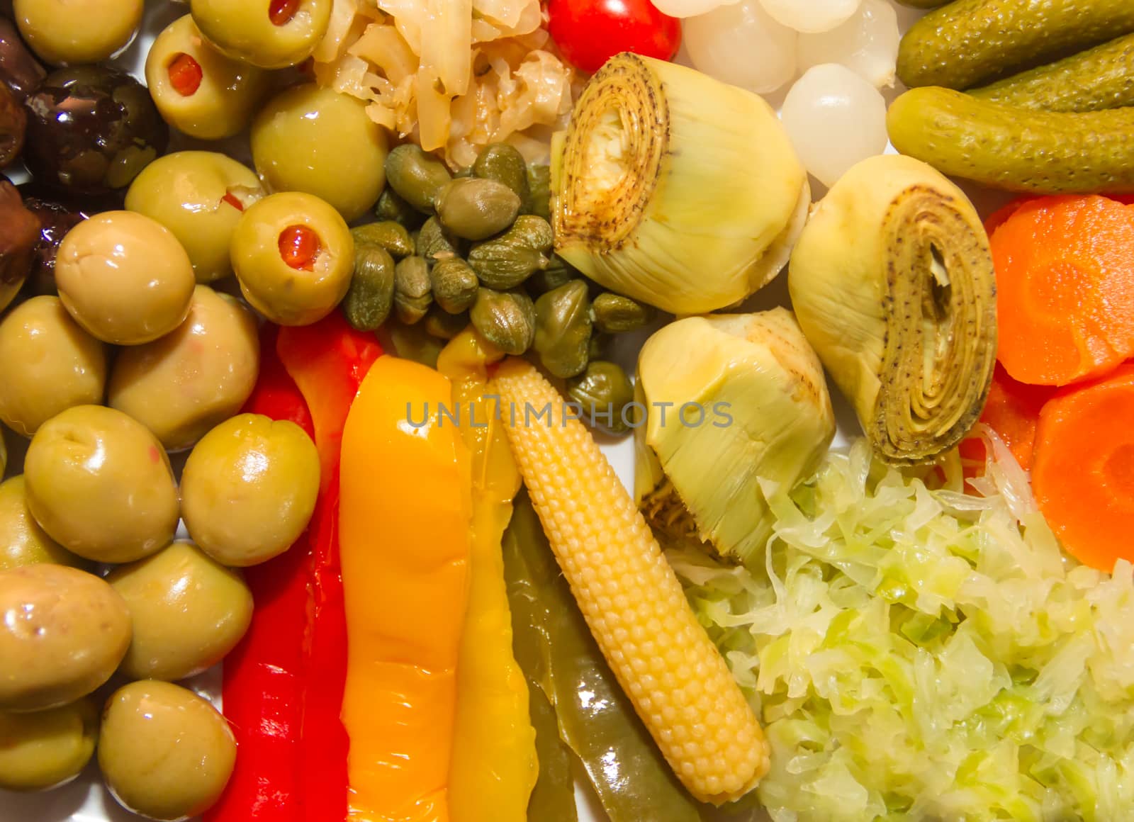 background pickles of assorted vegetables seen from above