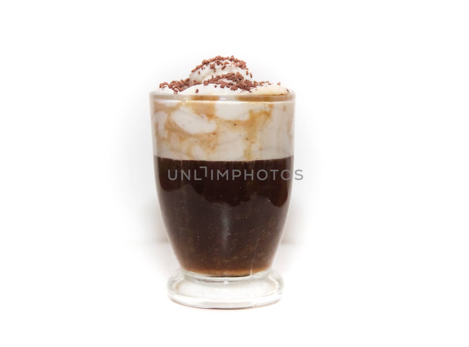 espresso irish coffee with cream and chocolate on white background