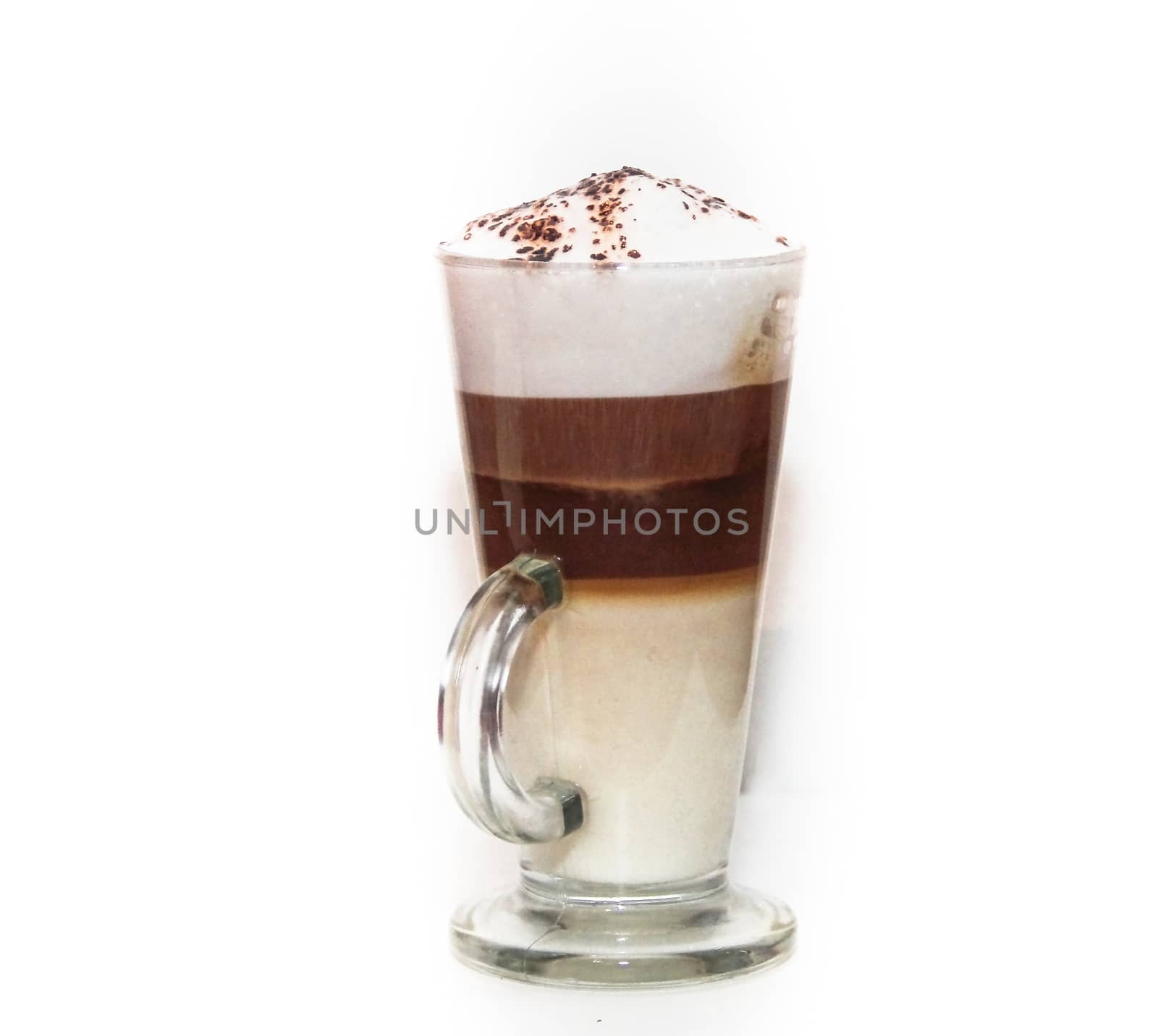 cappuccino in tall glass on white background
