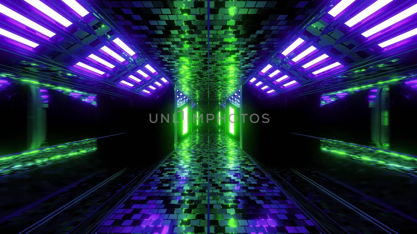 futuristic sci-fi hangar tunnel corridor with brocks textur and nice reflections 3d illustration background wallpaper, future endless scifi room 3d rendering design