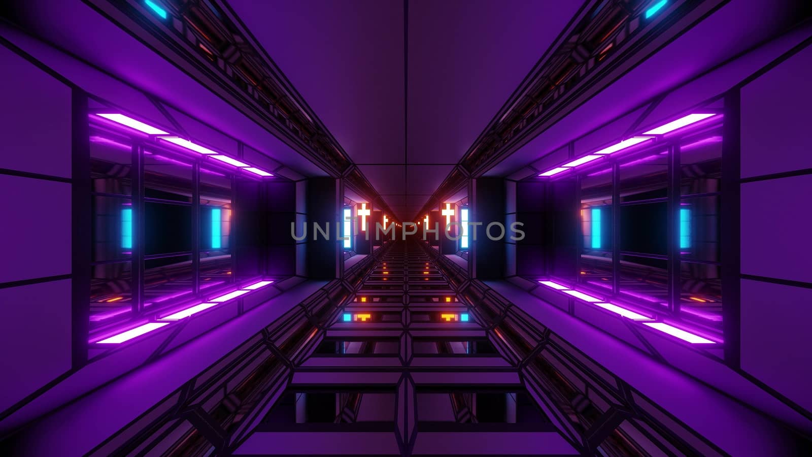 futuristic space sci-fi hangar tunnel corridor with nice reflections and holy christian glowing cross 3d illustration background wallpaper, future endless scifi room 3d rendering design