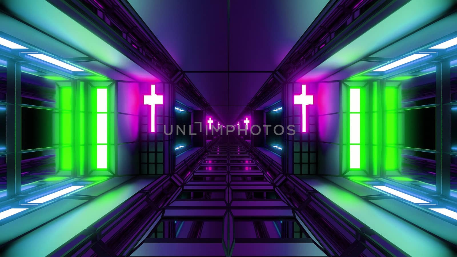 futuristic space sci-fi hangar tunnel corridor with nice reflections and holy christian glowing cross 3d illustration background wallpaper, future endless scifi room 3d rendering design