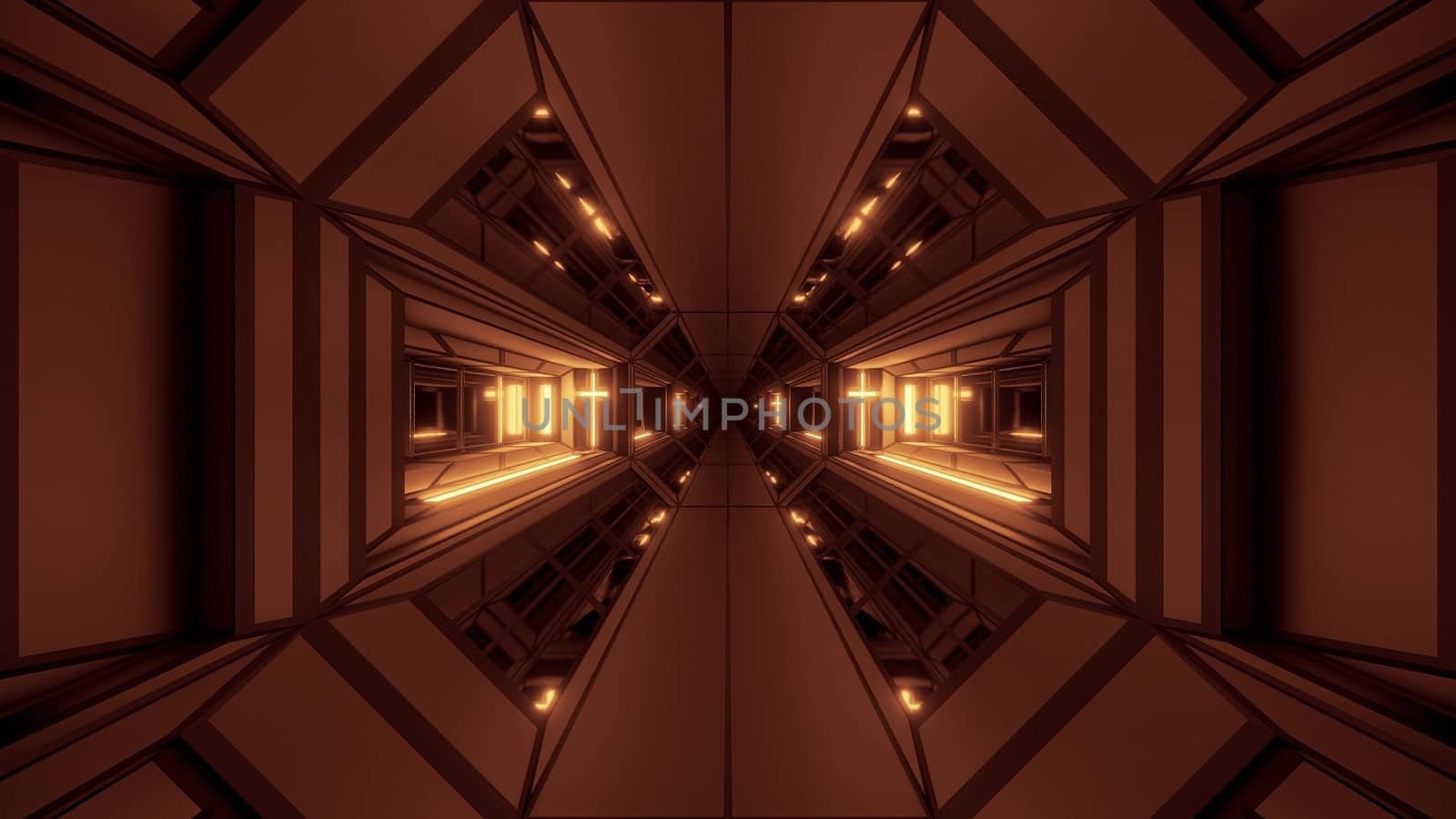 futuristic space sci-fi temple hangar tunnel corridor with nice reflections and holy christian glowing cross 3d illustration background wallpaper, future endless scifi room 3d rendering design